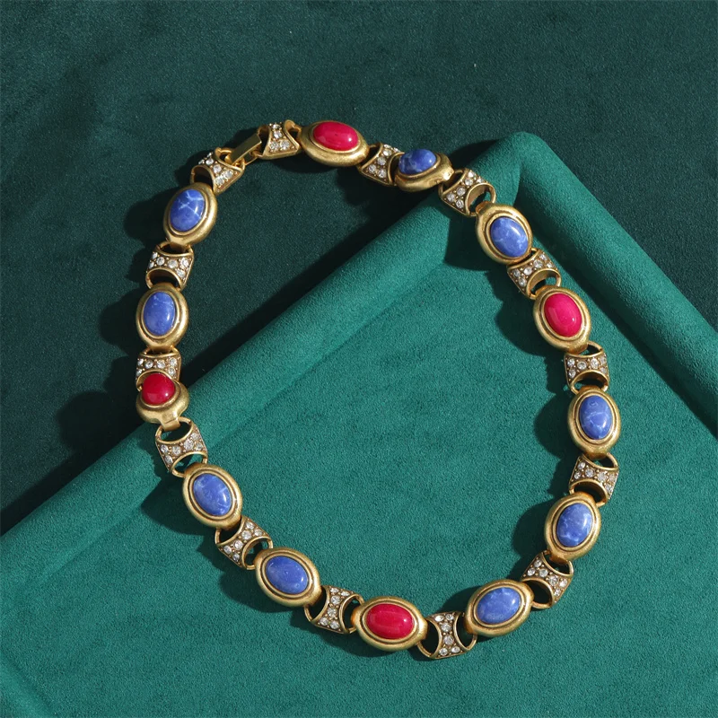 Antique Jewelry Geometric Splicing Colorful Natural Stone Chokers Necklace for Women Vintage Skirt Collar Oval  Accessories New