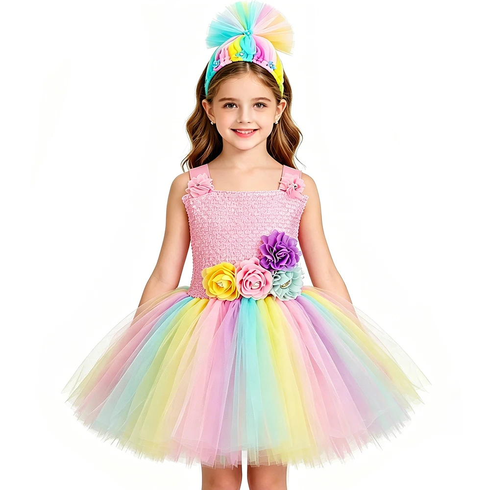 Poppy Trolls Costume for Girls Pastel Flowers Tutu Dress Toddler Kids Halloween Birthday Party Magic Elves Princess Dress Up