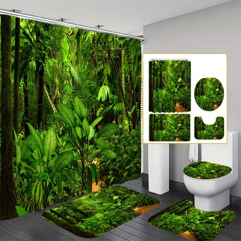 Tropical Rainforest Print Shower Curtain Set with Waterproof Curtain, Non-Slip Back, Toilet Lid Cover, Bath Mat, 12 Plastic Hook