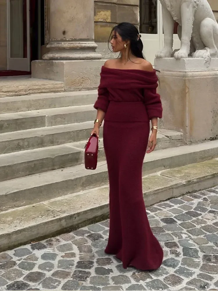 Red Wine Off Shoulder Knitted Maxi Dresses For Women Elegant Long Sleeve Pleated Slim Mermaid Dress Elegant Night Party Robes