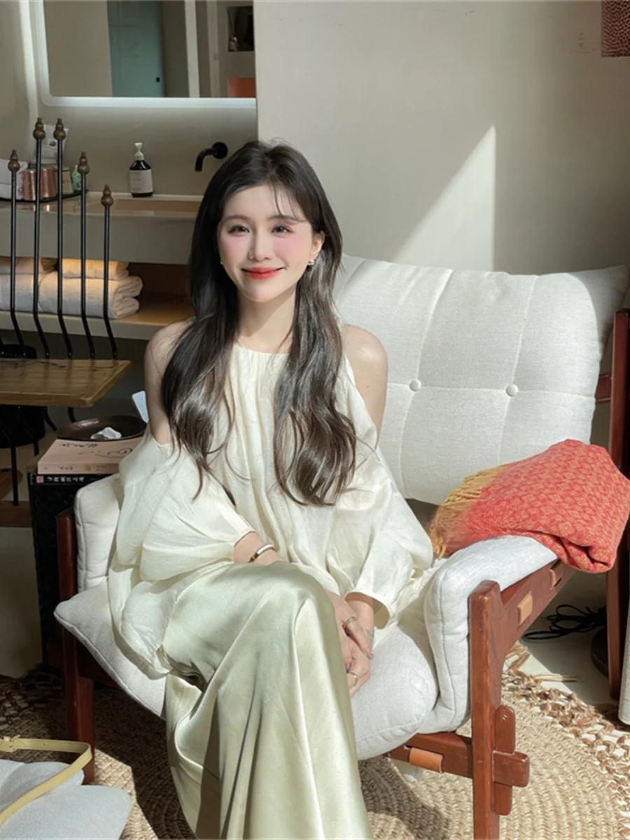 

Ele Атласный женский комплект из двух предметов Dstring ter Ne Юбка Casual Sle Long Sve round Ne Top Autumn Faion