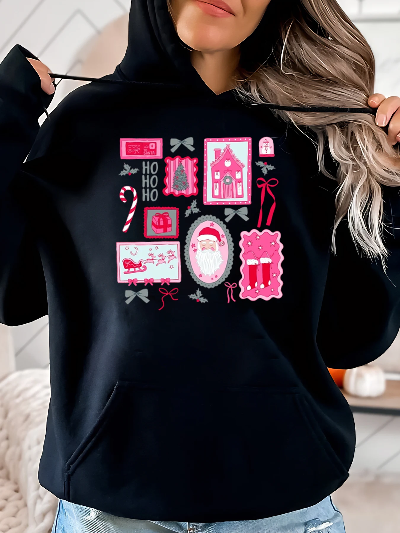 

Рождественская лоскутная толстовка с принтом Санта-Клауса и трости, женская праздничная повседневная одежда, черная, больших размеров
