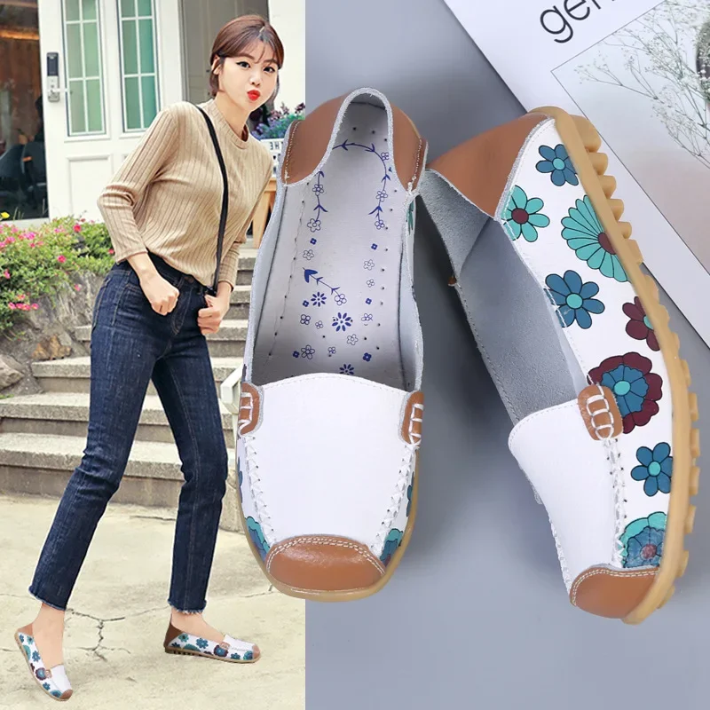 2024 spring autumn women flats genuine leather shoes slip on ballet flats women flats print woman shoes moccasins loafers shoes