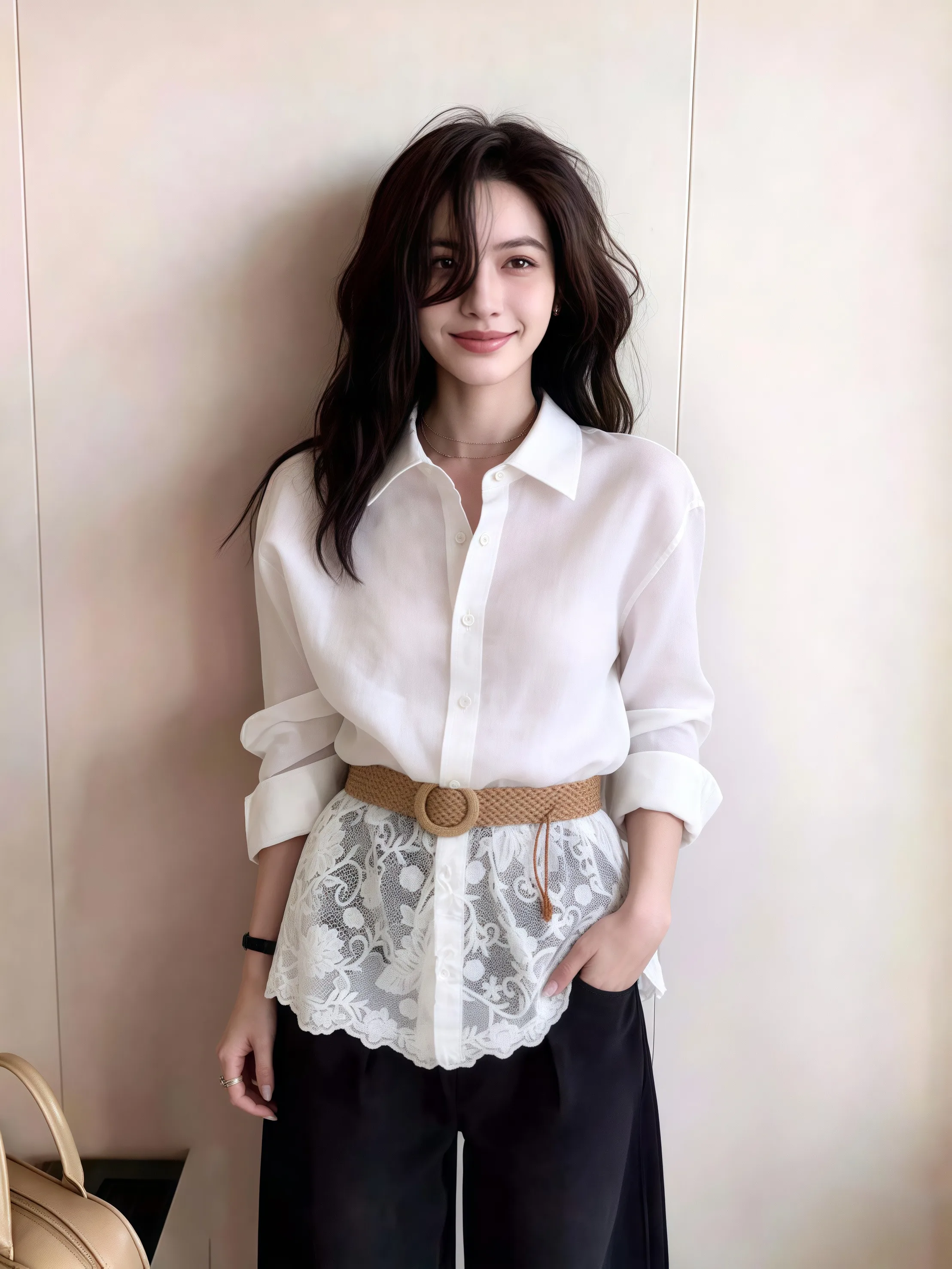 

Элегантная женская рубашка в корейском стиле с кружевными вставками и длинным рукавом, с поясом, весенняя новинка, свободный крой, стройнящий силуэт