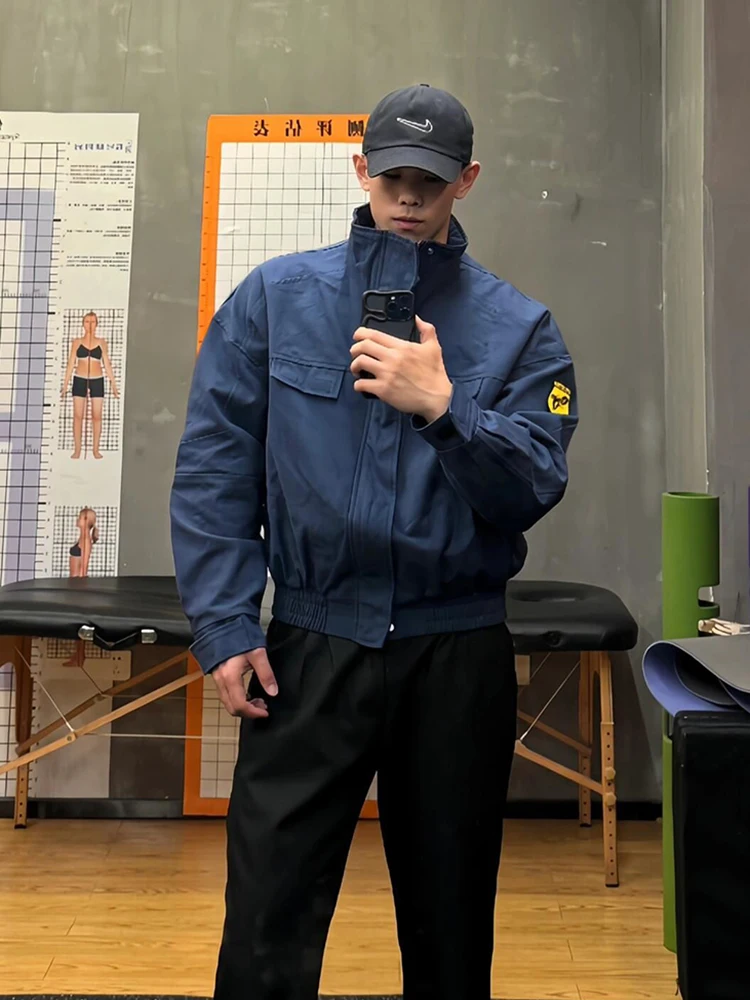 

Blue Cotton Workwear Jaet Men's ort American Vintage Baseball orm Loose Fit Spring Faion Youth Trend Zipper Closure