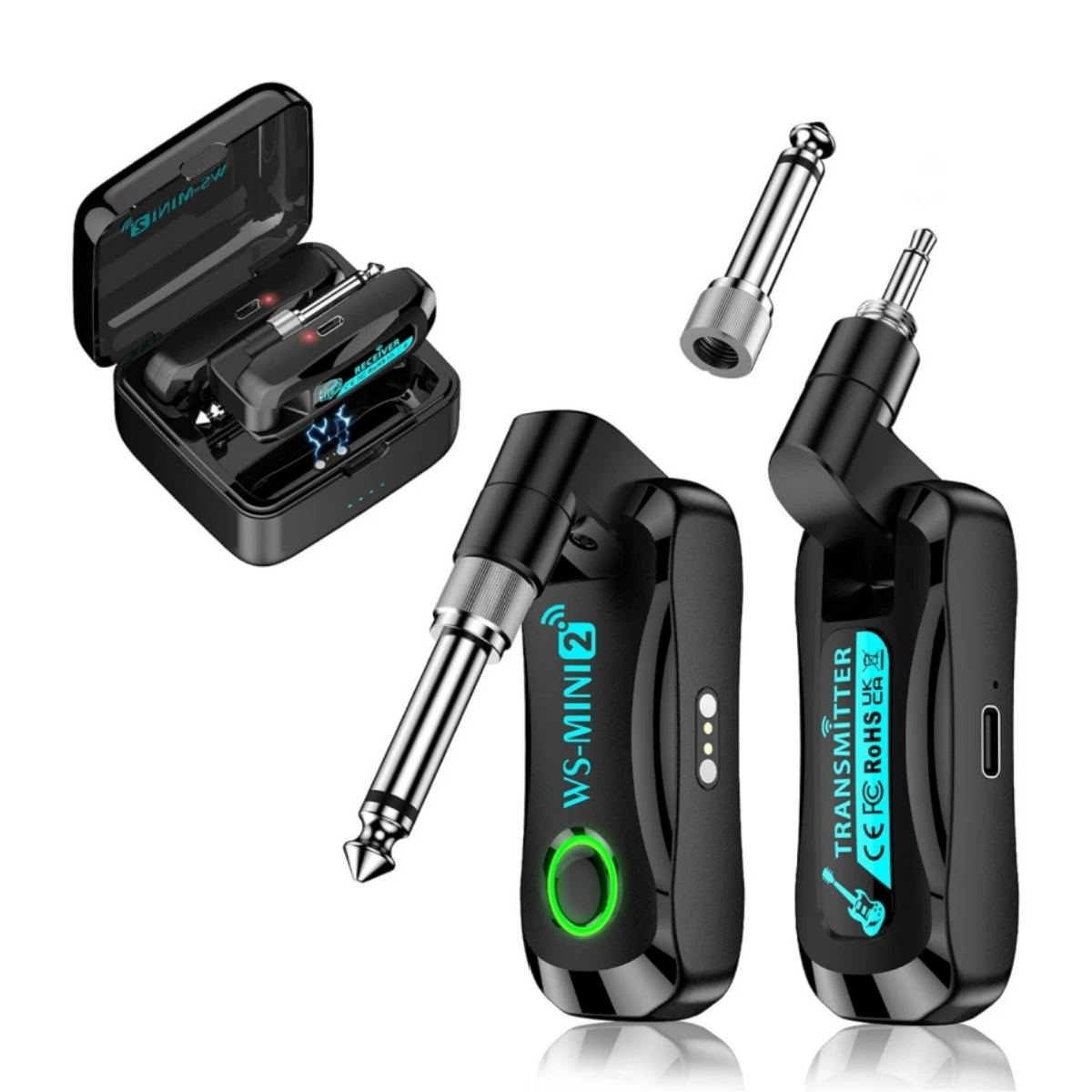 Sistema per chitarra wireless da 2,4 GHz (4 canali), ricetrasmettitore ricaricabile, per chitarra, basso e strumenti elettrici