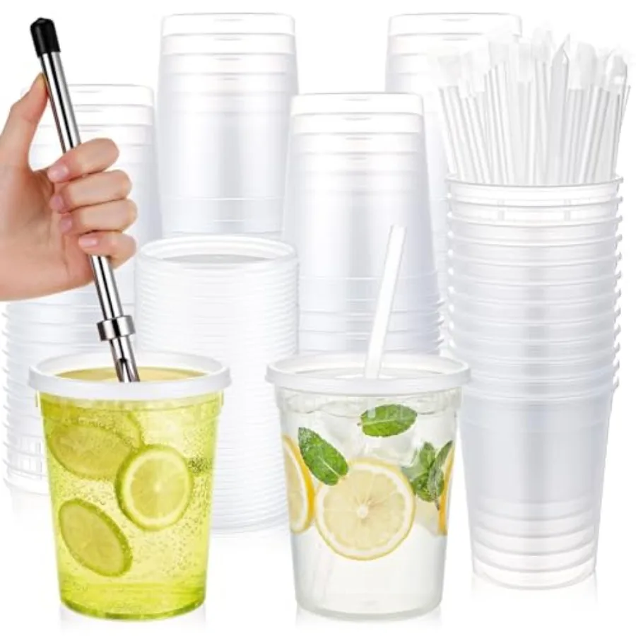 

50 Set Lemonade Stand Cups with Lids Straws Puncher 32oz Clear Plastic Drink Buckets with Flat Lids Disposable Drink Cups for L