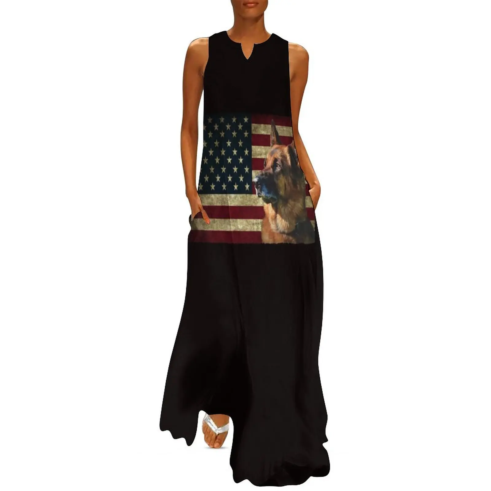

German Shepherd face American Flag lover 4th of July gift GS dog dad GSD Dog mom Long Dress elegant dress Elegant gown