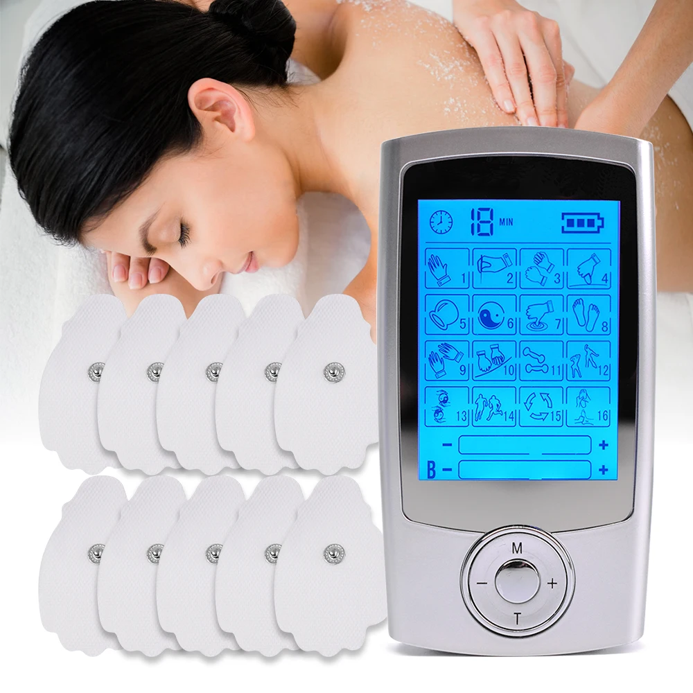 Máquina tens ems estimulador muscular carregamento usb para tratamento de alívio da dor usando 16 modo duplo canal massageador de pulso eletrônico
