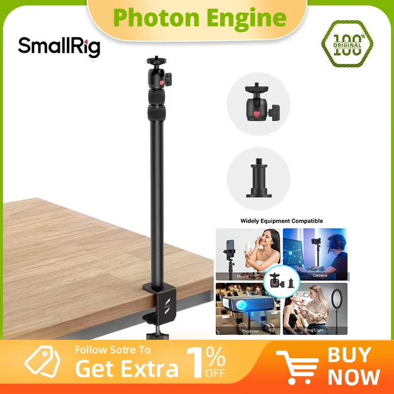 

Настольная настольная подставка для камеры SmallRig с шаровой головкой 1/4 дюйма, регулируемая подставка для освещения 13-35,4 дюйма, настольный зажим для DSL-камеры 3488