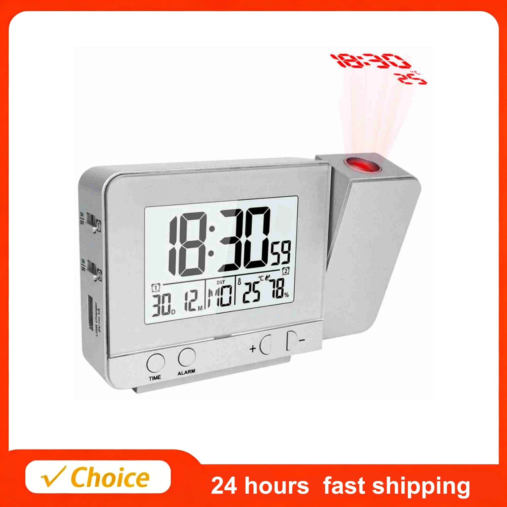 Projection Alarm Clock with Thermometer Hygrometer Project Ceiling Clock Dimmable LED Display with USB Charger for Bedroom