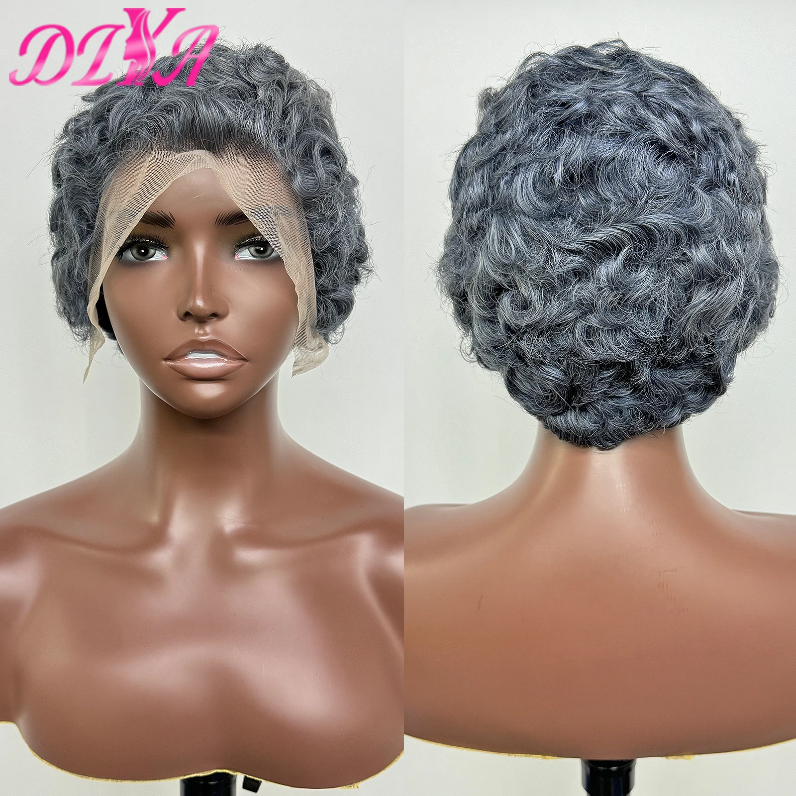 

Серый цвет Pixie Cut Curly Wave Человеческие волосы Парики 13x4 Прозрачный парик фронта шнурка Короткие афро вьющиеся человеческие волосы для чернокожих женщин