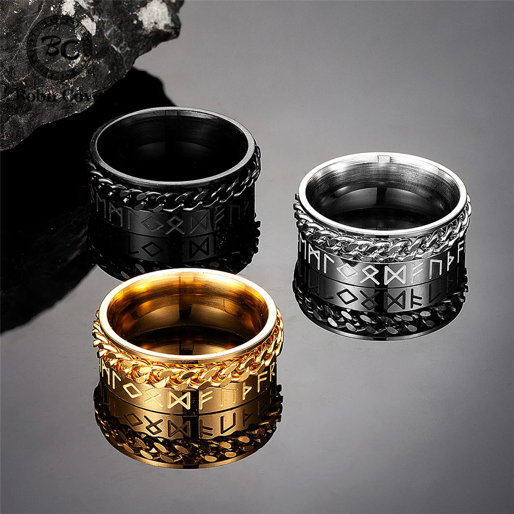 Punk Mens Vikings Norse Runes Rings Womens Gold Color Black Stainless Steel Chain Amulet Ring Vegvisir Scandinavian Male Jewelry