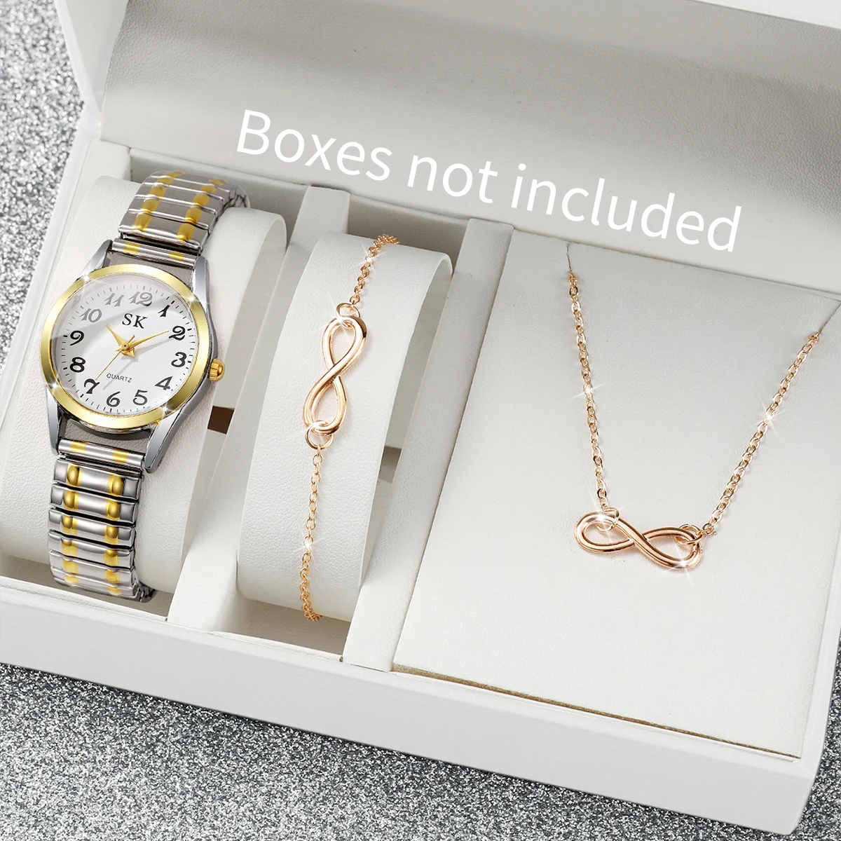 Three piece set of gold stretchable steel strip women's digital watch infinite symbol bracelet necklace, not including gift box