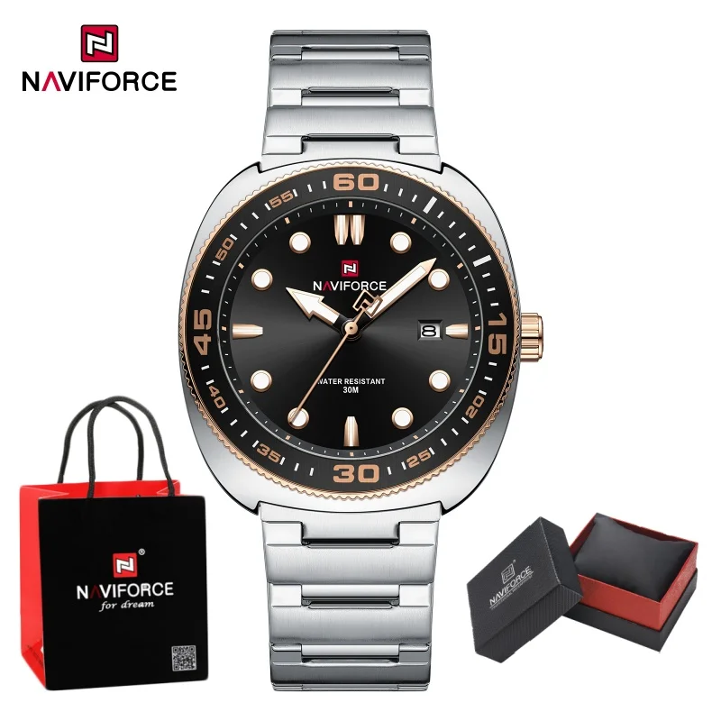 

NAVIFORCE мужские спортивные часы, роскошный ремешок из нержавеющей стали, модный брендовый модный 30 м, водонепроницаемый дисплей даты, мужской кварцевый пакет, подарки