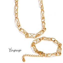Yhpup New Stainless Steel Statement Chain Choker Necklace Bracelet Charms Golden Jewelry Sets  Collier En Acier Inoxydable