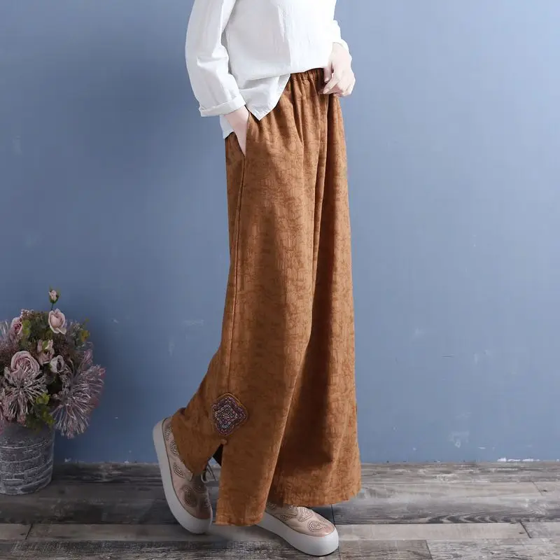 2023 Summer Fashion Ethnic Style Casual Loose Oversize Solid Color Retro Art High Waist Embroidered Pan Buckle Wide Leg Pants