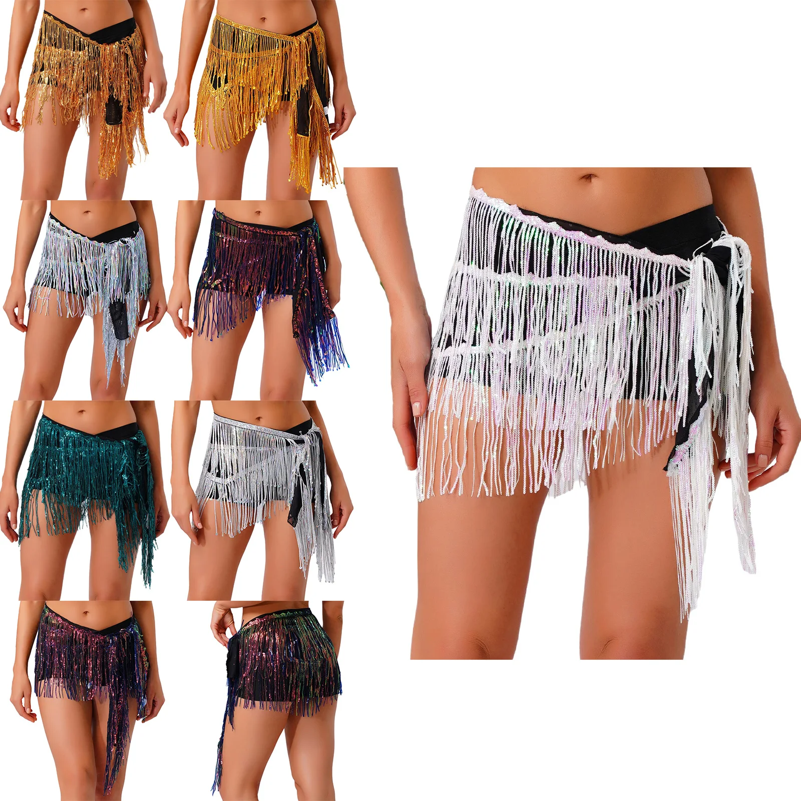 Sciarpa dell'anca di danza del ventre con paillettes scintillanti da donna sexy Sciarpa con nappa lucida con frange Gonna a catena in vita con lacci Danza popolare Costume da ballo latino