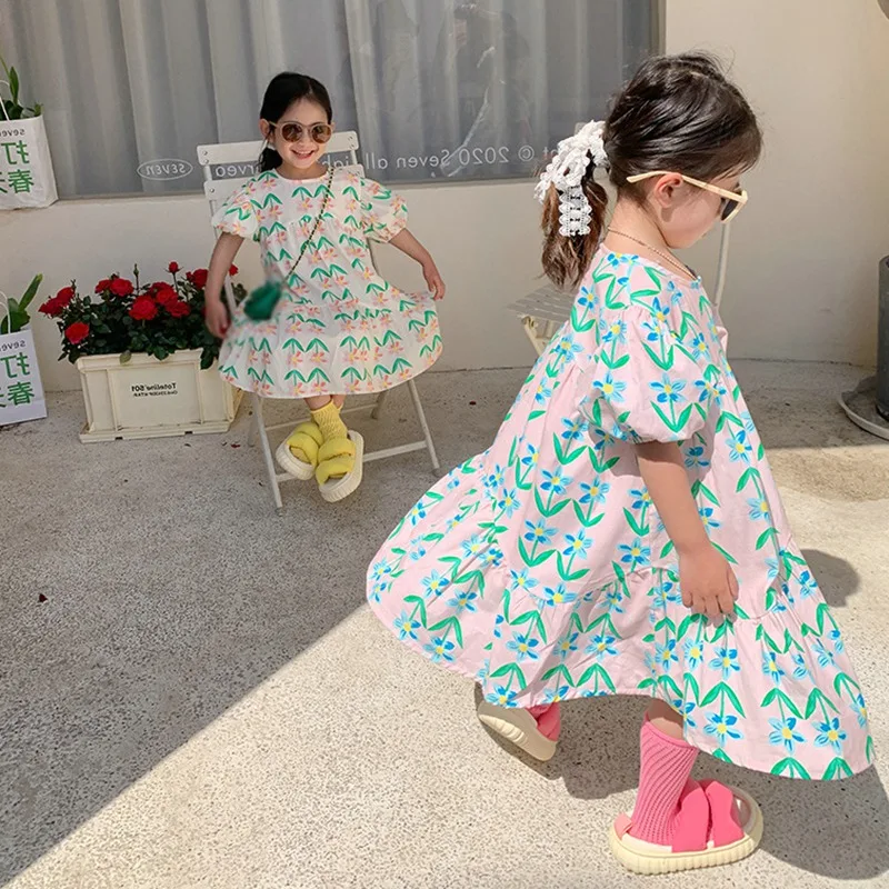 Summer New Girls Dress Round Neck Puff Sleeve Floral Flower Print Long Dress Children Clothes Kids