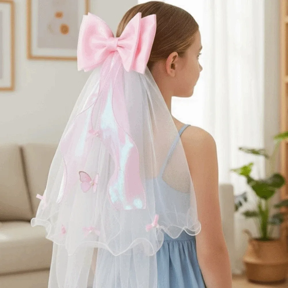 

Fashion White Veil Hair Clip Bow Mesh Girls Head Gauze Beads Rhinestone Colorful Flowing Tulle Photo Props