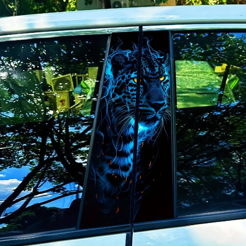 2 pieces of blue leopard print vinyl car decal - self-adhesive B-pillar protective sticker, suitable for smooth surfaces,