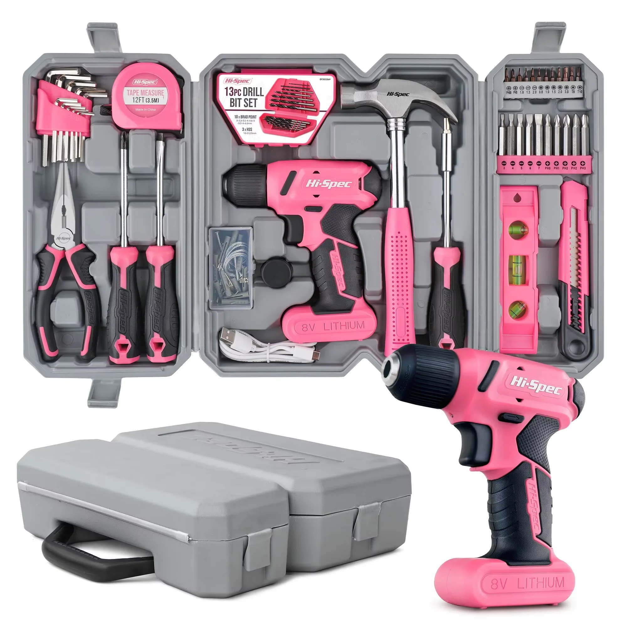 

Hi-Spec DIY Pink 8V Electric Screwdriver Tool Set 57PC Home Machine Repair Household Electric Hand Drill Multifunctional Toolbox