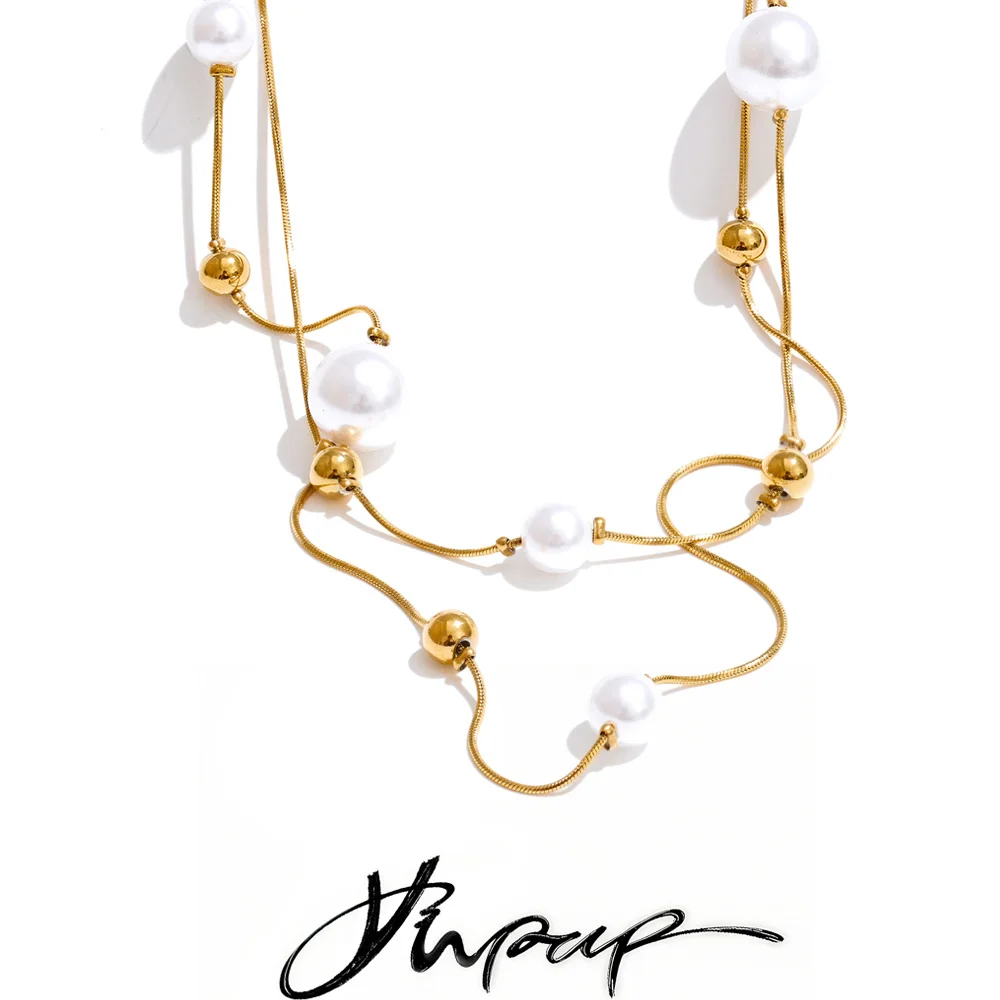 Yhpup 92+5cm Double-Layer Chain Overlay Necklace Stainless Steel 4-Season Jewelry Sweater Chain Accessories Simulated Pearls