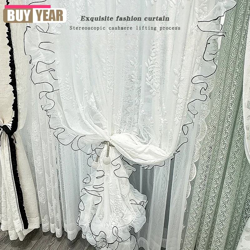 

New Lace Tulle Flocking Curtains For Bedroom Living Room Window Villa Custom Blackout Luxury Jacquard Gauze Fabric Decor Custom