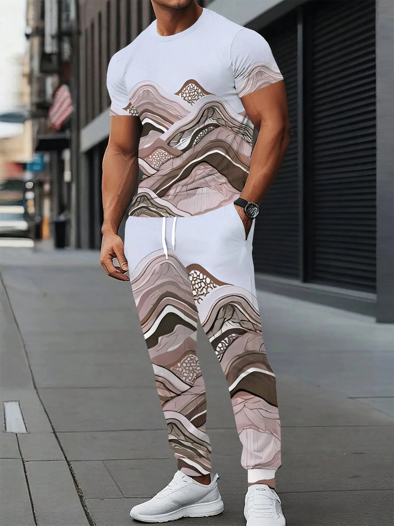 جديد شريط طباعة تي شيرت رجالي الشارع نمط الرجال موضة بنطلون الخريف والشتاء الرجال تي شيرت دافئ وبنطلون مجموعة #2
