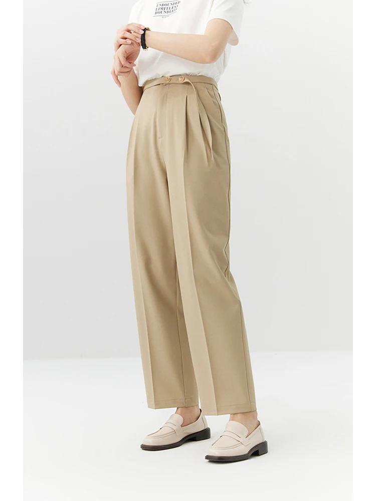 

ZIQIAO High Waist Belt Decoration Women Khaki Twill Cropped Suit Pants Pleated Design Draped Tapered Trousers 24ZQ91188