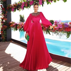 2025 Couture Rose Red Pleated Long Evening Dresses with Bubble Sleeves Arabic Dubai Formal Party Dress فساتين سهرة NO CRYSTALS