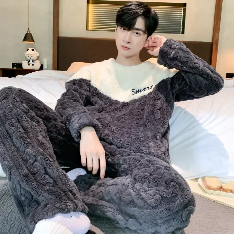 Men's Coral Fleece Pajamas 2025 Winter Warm Loungewear O-Neck Thickened Flannel Pajama Sets Sleepwear Youth Male Loose Homewear
