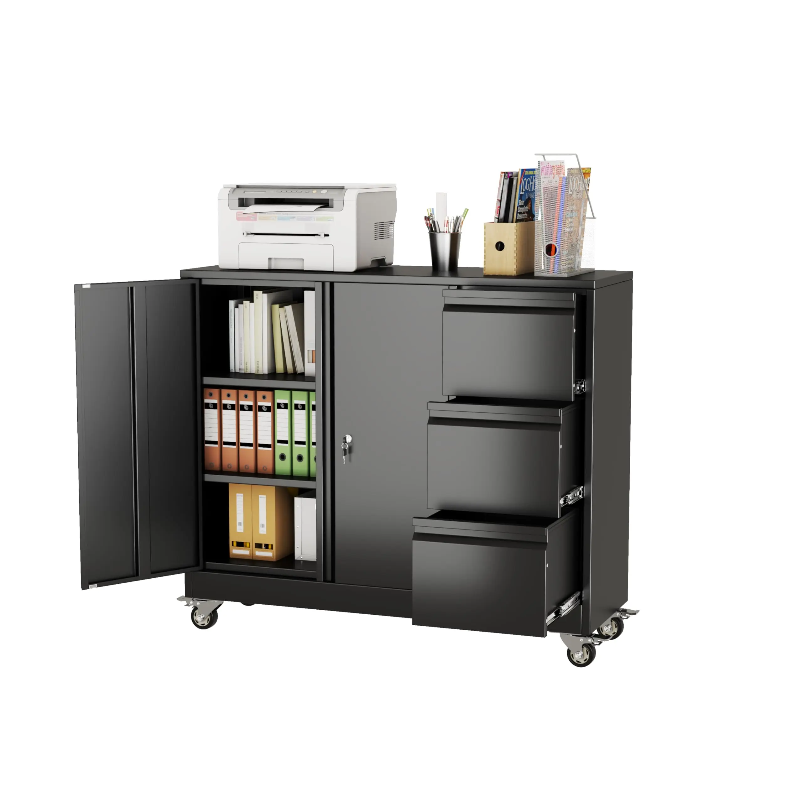 3 Drawer File Cabinet, Office Mobile Filing Cabinet, Printer Stand | All-in-One Office Storage, 3 Storage Drawers, 2