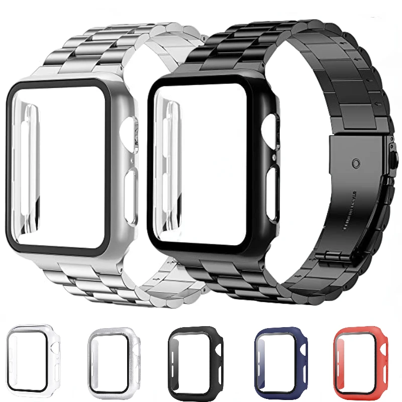 สายโลหะ + เปลือกป้องกัน casing PC สำหรับนาฬิกา Apple 8 7 45มม. 41มม. สายรัดข้อมือสแตนเลส iWatch 6 5 4 3 SE 44มม. 40มม. 42มม.