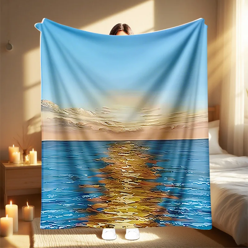 1pc Van Gogh Starry Night & Ocean Waves Throw Blanket - Turquoise Blue & Golden Artistic Design, All-Season Soft Lightweight Bed