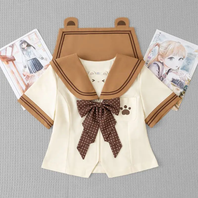 Abito da marinaio giapponese per asilo, carino e morbido, per ragazza JK, uniforme, modello orso, gioco di ruolo marrone