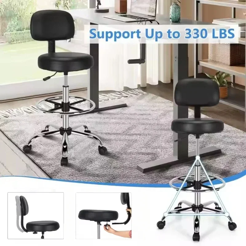 ZErgonomic Rolling Stool With Backrest PU Leather Strap Adjustable Pedal Rotating Round Work Chair Office Bar Stool Lounge Chair