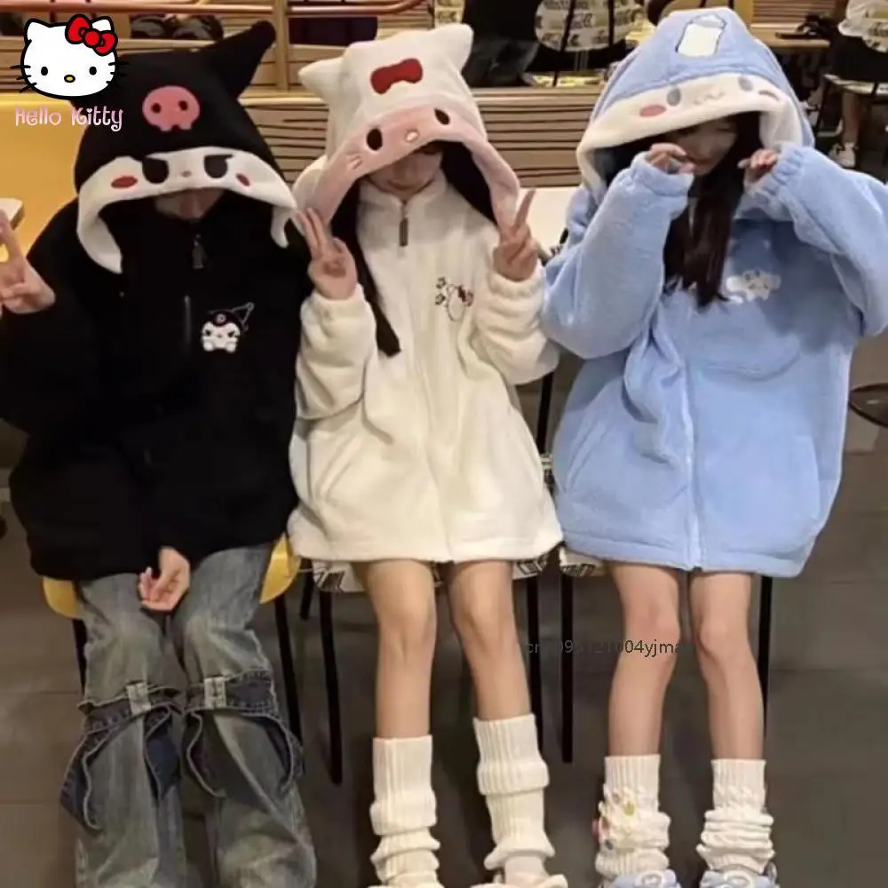 새로운 쿠로미 일본 귀여운 키티 후드 스웨트 셔파 코트 여성 모자 분리형 가을 겨울 Cinnamoroll 지퍼 자켓 따뜻한