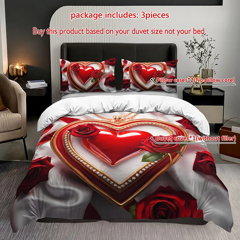 

3pcs Romantic Red Rose Heart Bedding Duvet Cover Set Luxury Heart Bedding Quilt Set Valentine's Day Themed Bed Quilt Set Elegant