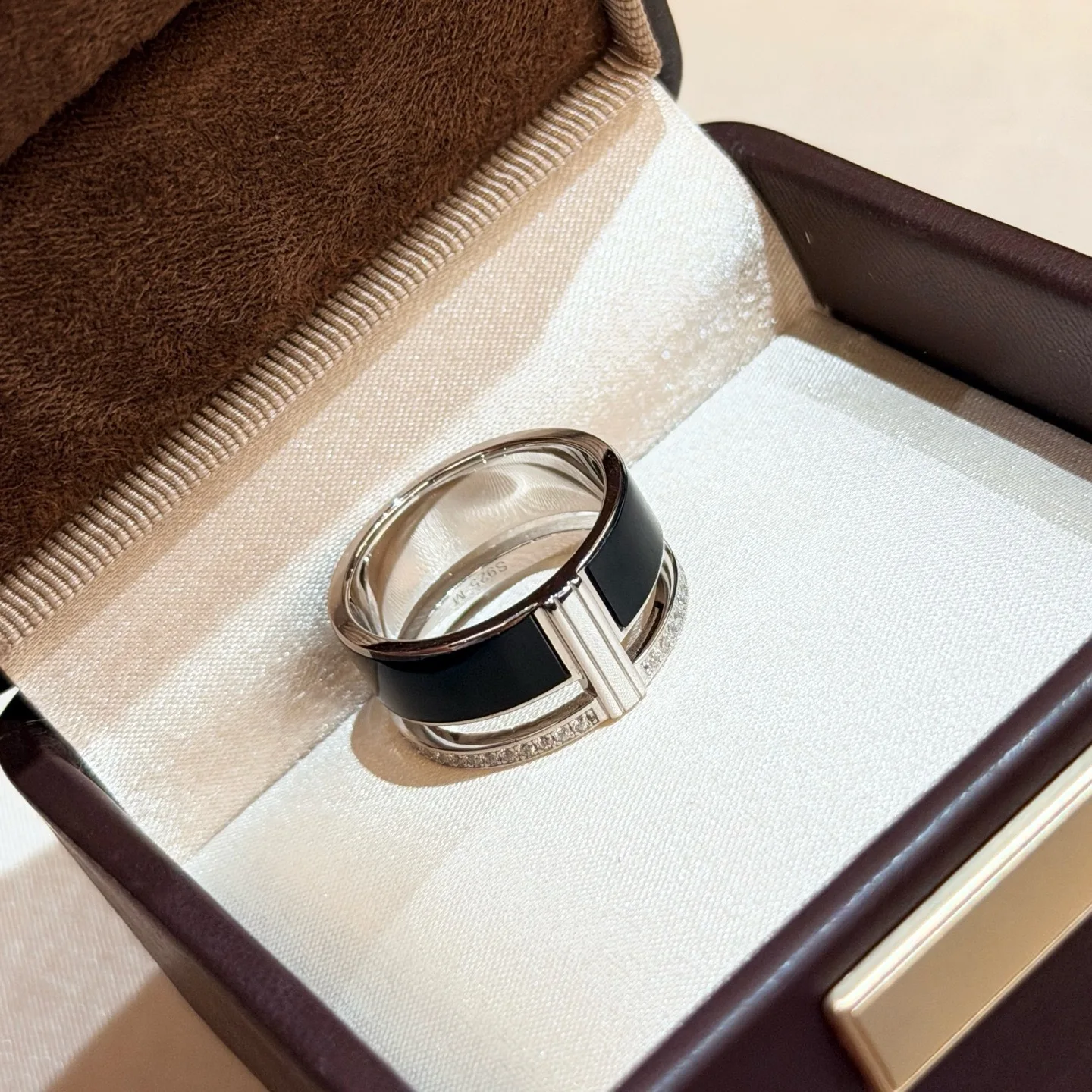 Trendy Real 925 Sterling Silver Band Ring For Women Double Layer Openwork Black Enamel Rhodium Plated Luxury Fine Jewelry