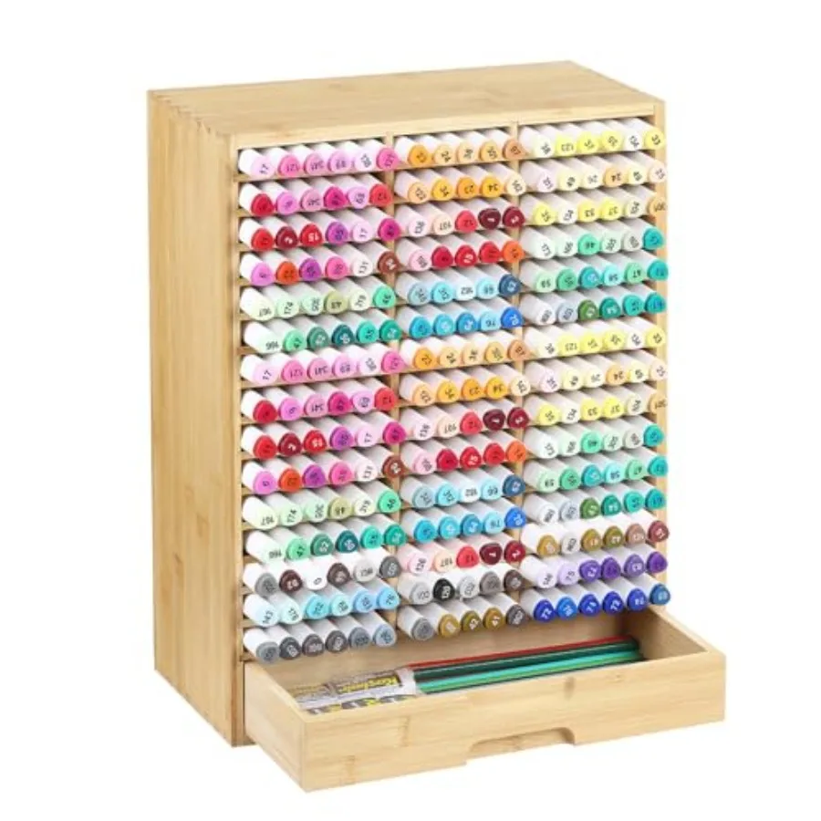 

Bamboo Marker Organizer for, Desktop Storage Hold with drawers, Art Markers Pens Pencils Art Brushes Stationary Organizer Marke