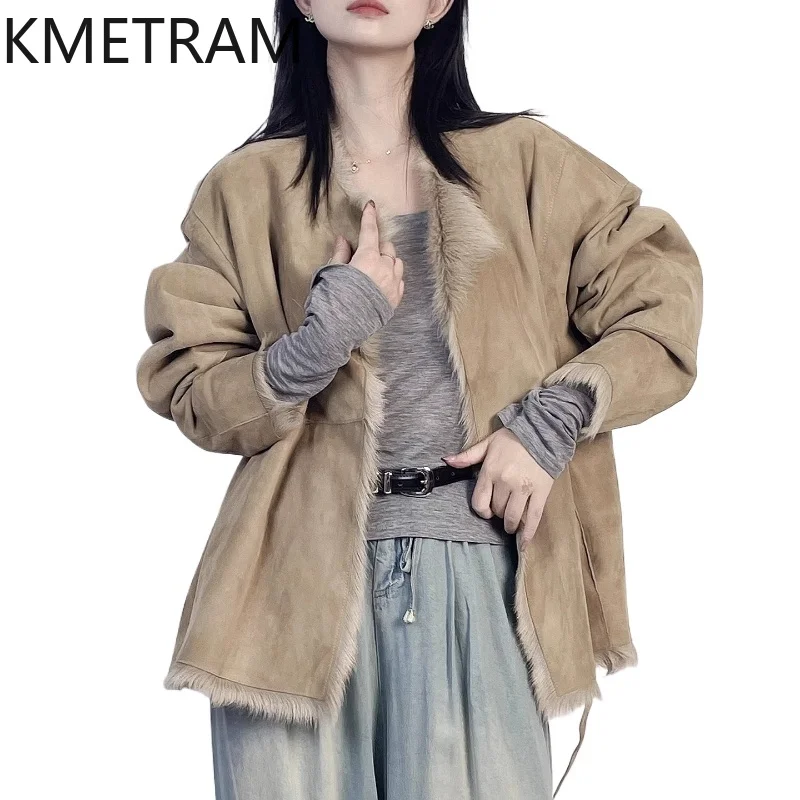 KMETRAM-abrigo de piel de cabra Natural con lana adjunta, chaqueta corta de piel auténtica de lujo, ropa de mujer, abrigos nuevos de invierno, шу onder