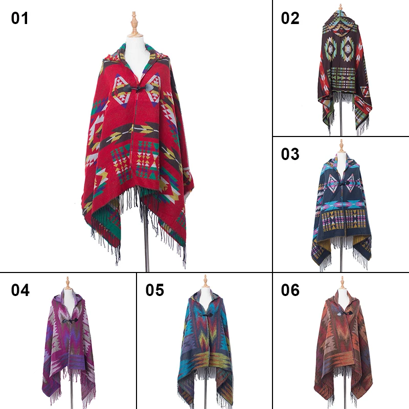 Spring Autumn Women Hooded Poncho Cape Cloak Fringed Tassel Shawl Wrap Sweater Bohemian Style Shawl Scarf Coat