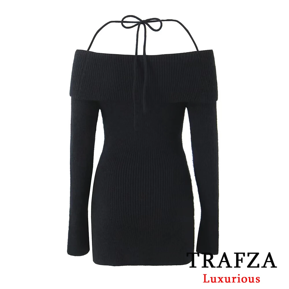 TRAFZA Sexy Slash Neck Knitted Dress Women Fashion 2024 Autumn Long Sleeve Sheath Mini Party Dress Y2K Girl Slim Chic Dress