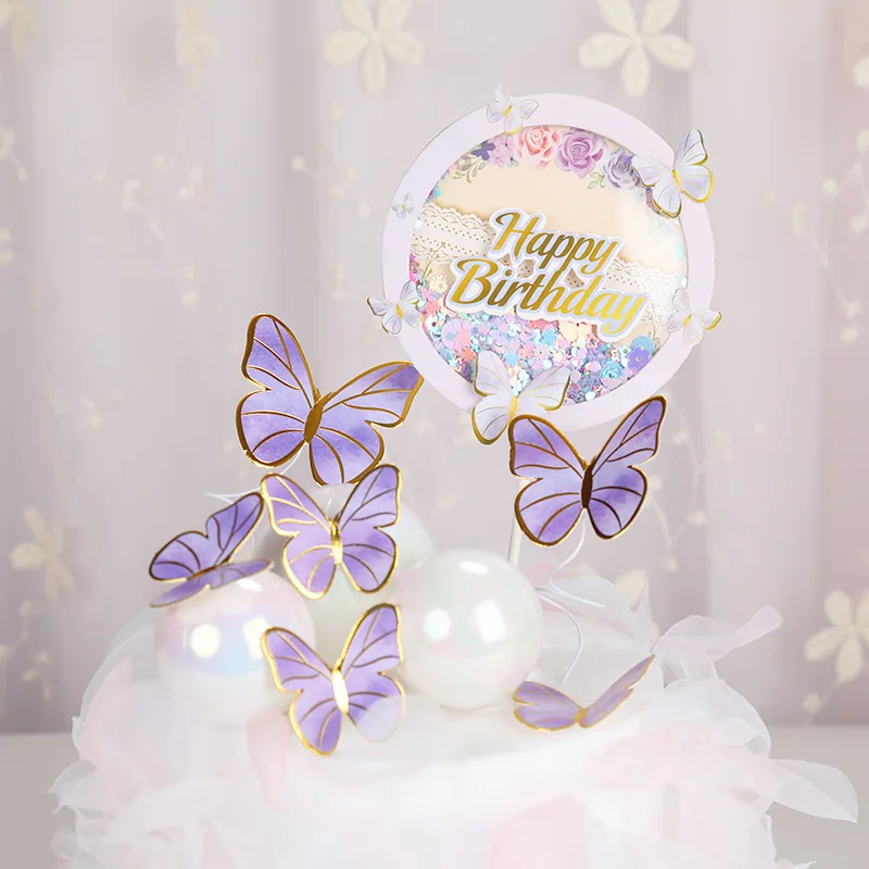 

Happy Birthday Sequins Round Butterfly Cake Topper Decoration Simulation Butterflies Wedding Crafts Party