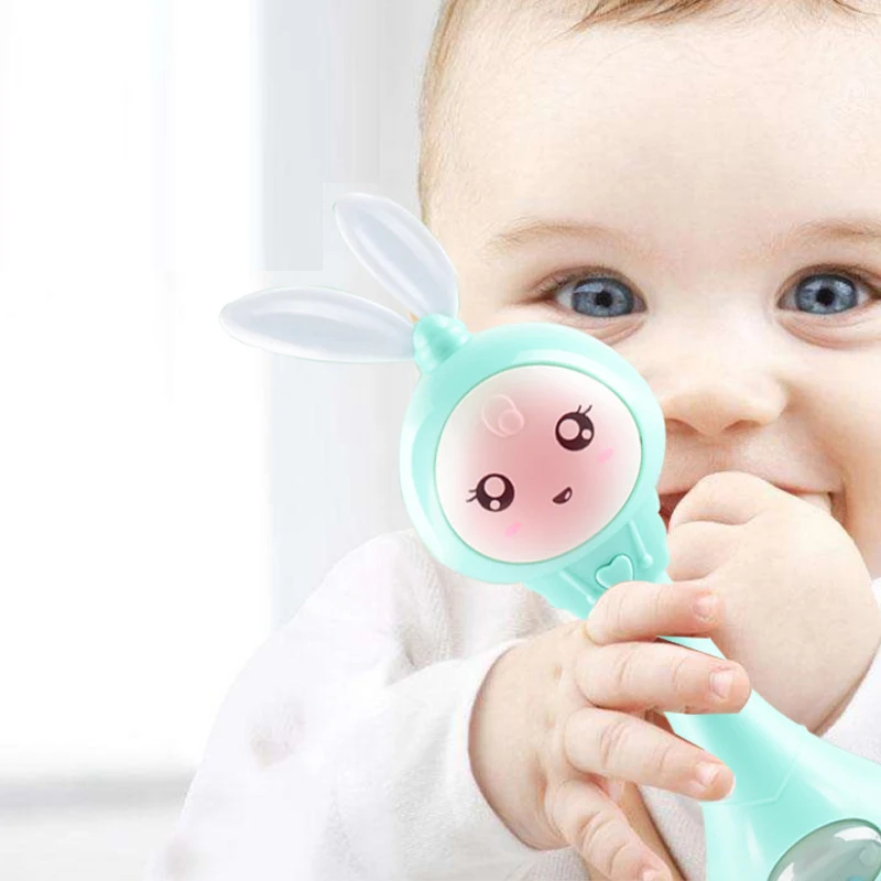 아기 음악 깜박이 딸랑이 장난감 토끼 Teether 핸드 벨 모바일 유아 중지 우는 눈물 딸랑이 신생아 조기 교육 장난감 18M