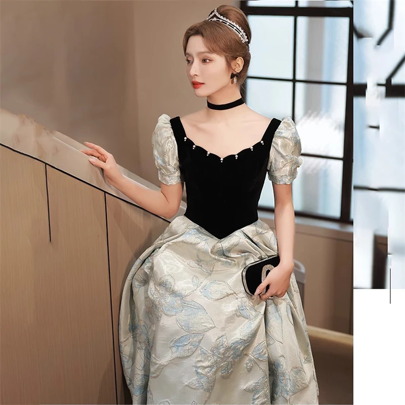 Presenter Elegant High-Grade Bubble Sleeve Mid-Waist A- Line Dress U-Collar Back Strap Annual Meeting Evening Dress For Women