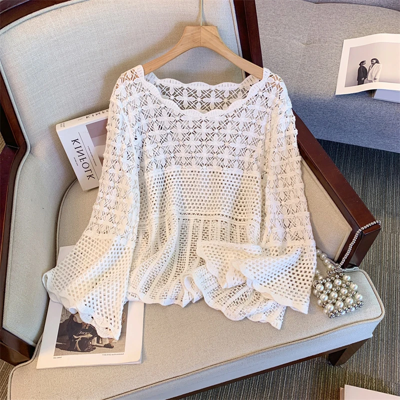 plus Size Knitted Sweater Hollow out Floral Embroidery Casual Top Pure Color Overalls Spring Autumn Faion Bell Sve Outer...