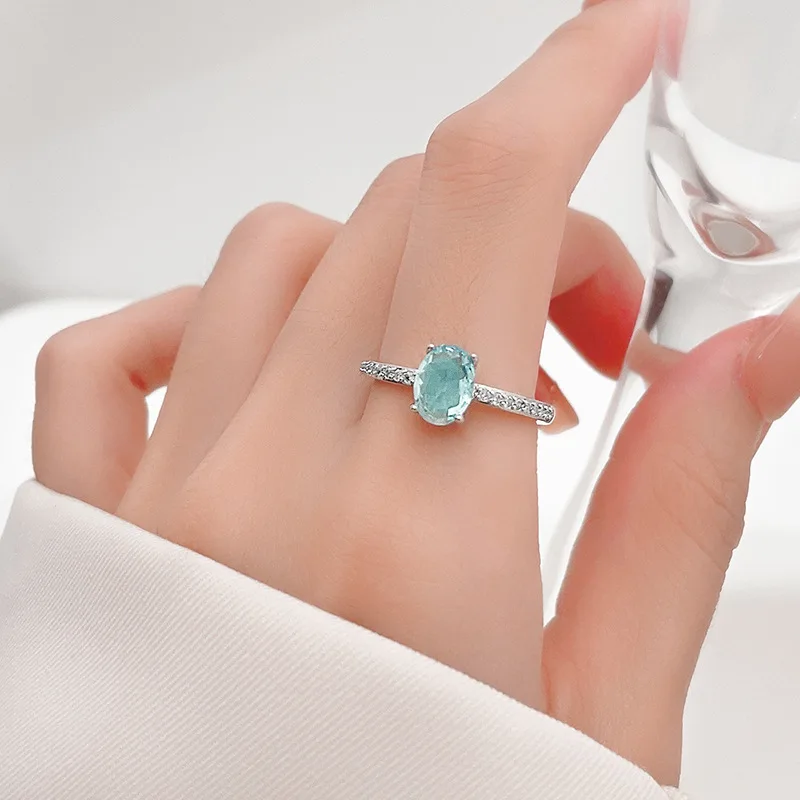 New in Fresh and Simple Sea blue gemstone rings for women Full Diamond Light Luxury oval Ring adjustable Party Jewelry Gift