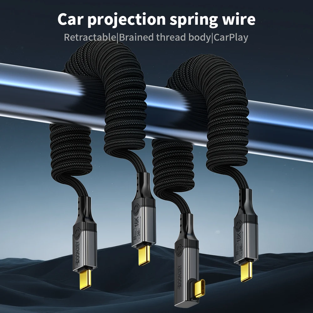 USB5 Full-featured Thunderbolt 5 Spring Data Cable 80Gbps Transmission PD240W Fast Charge 16K USB-C Video Cord for Laptops